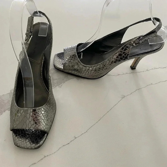 Tahari Robin Metallic Silver‎ Slingback 3” Heels Snakeskin Square peep toe 7.5 - Picture 1 of 7